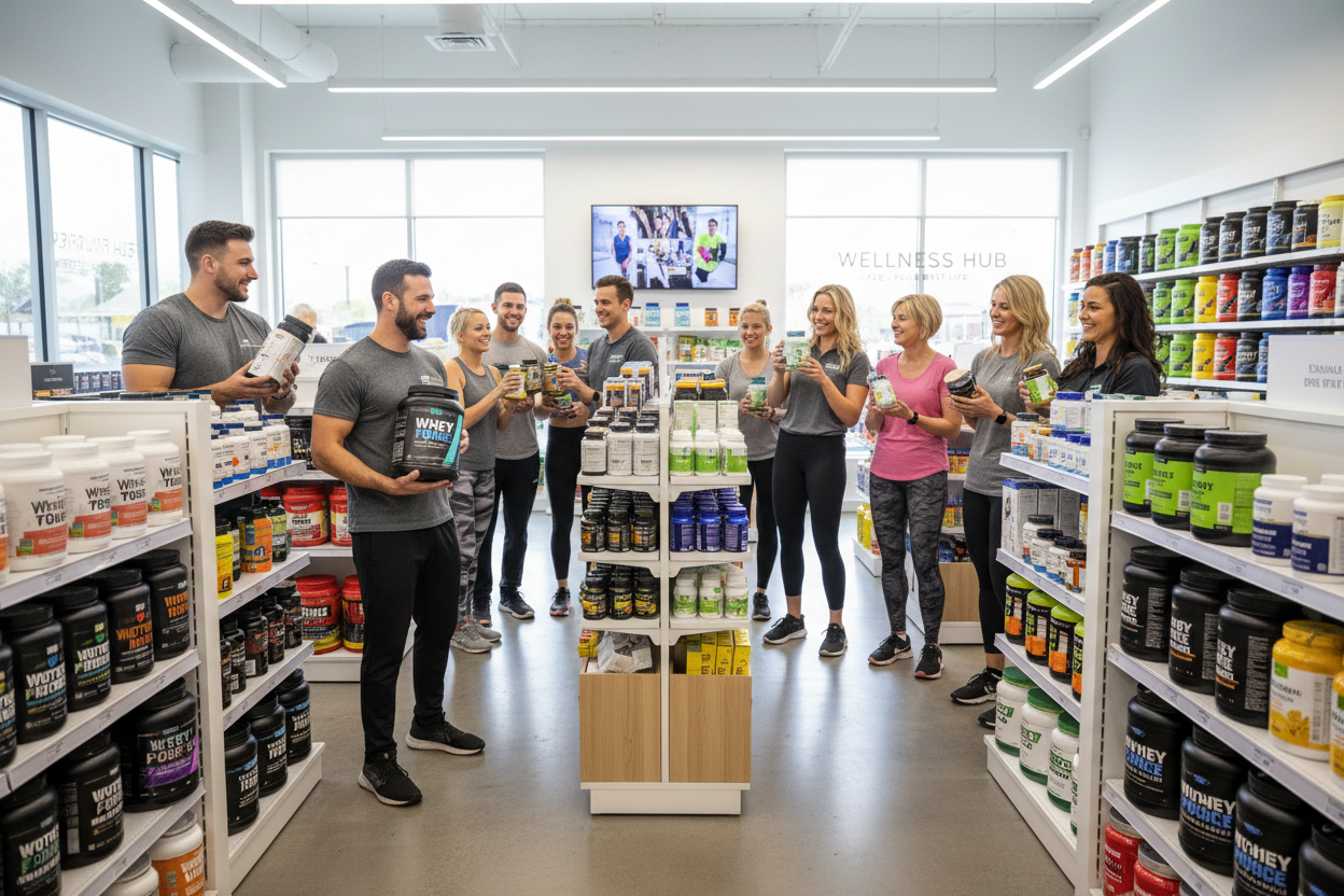 gente feliz comprando en una tienda de suplementos 